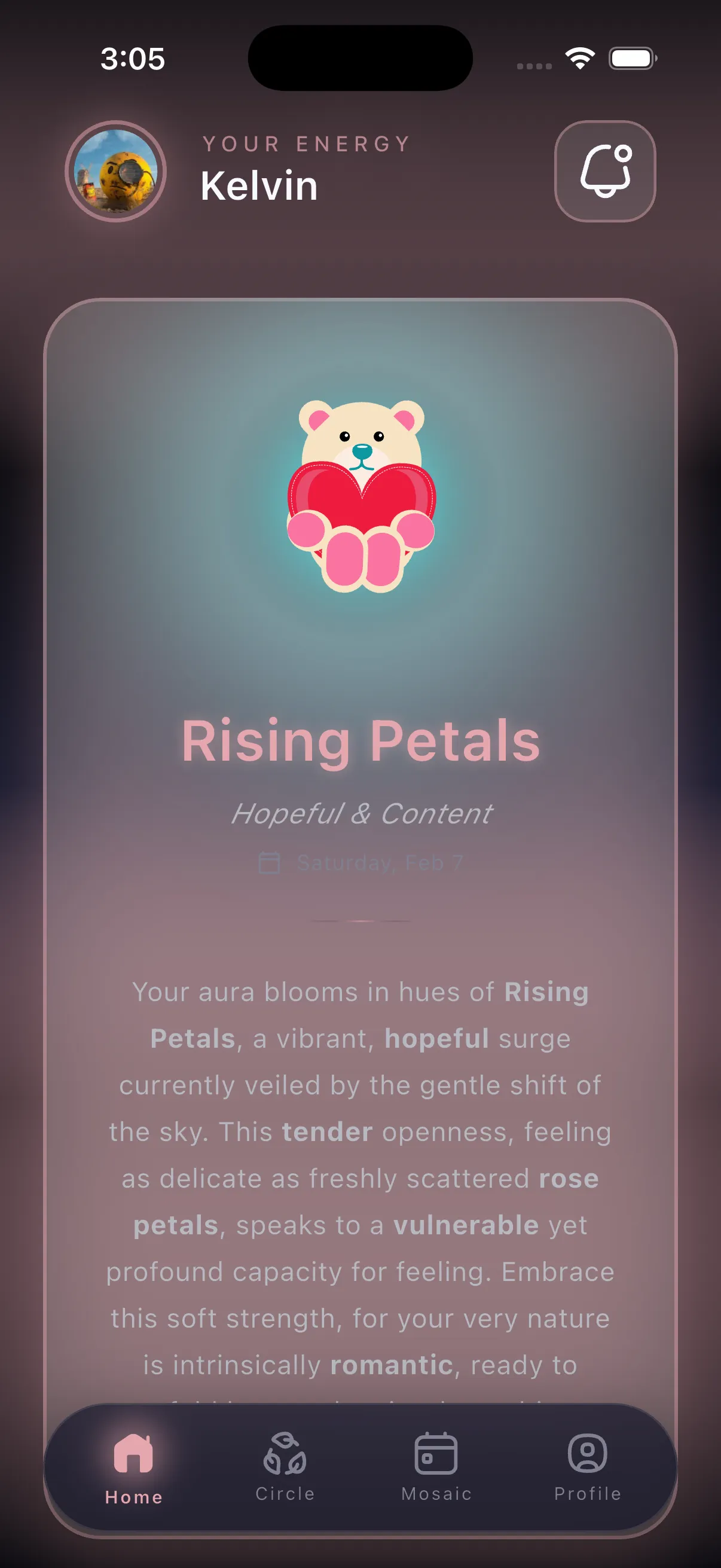 AURA Dashboard showing today's mood color, totem, and weather particles